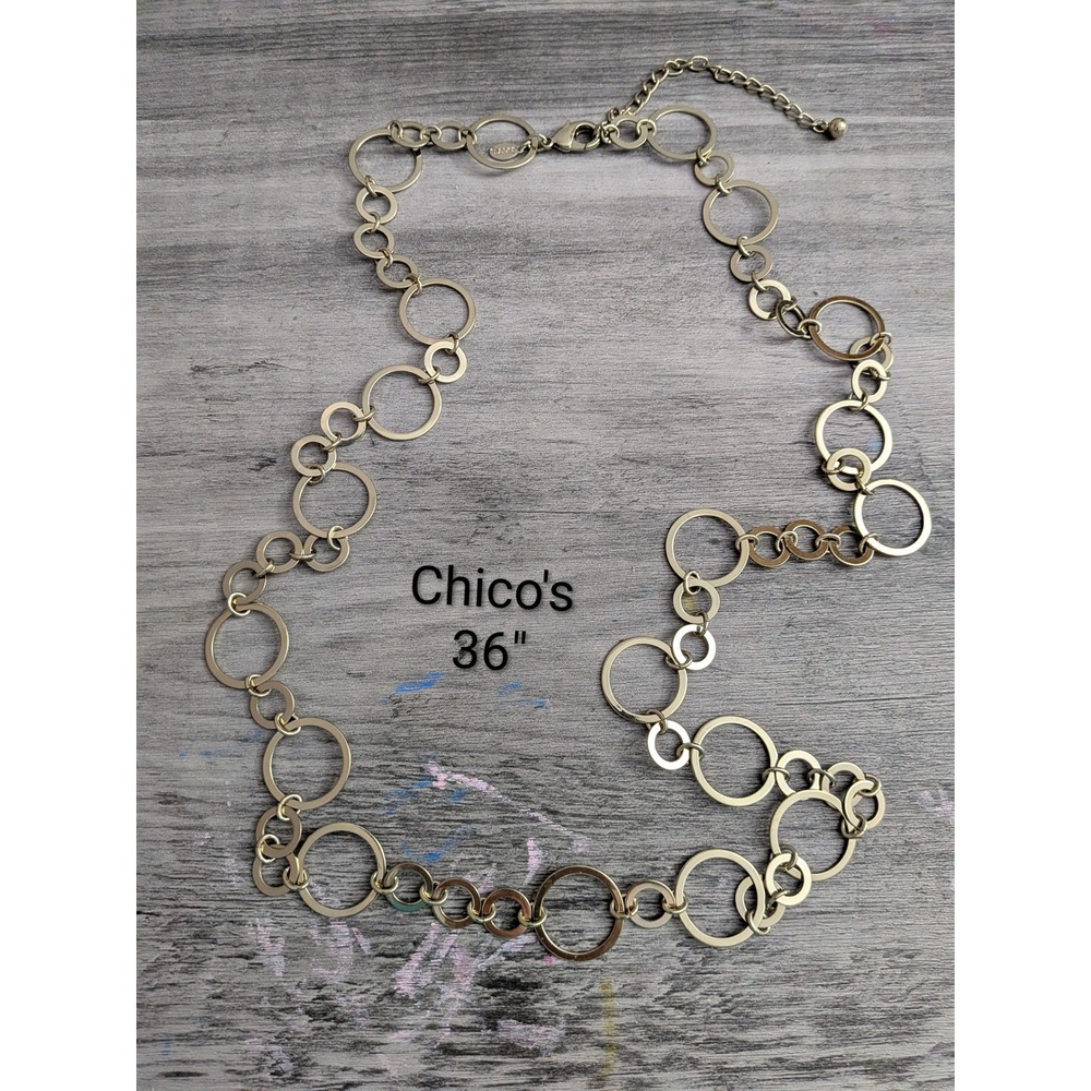 Chico's Pale Gold Tone Interlocking Open Circle Link Long Necklace 36"